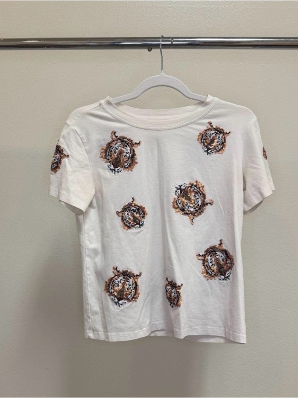 QUEEN OF SPARKLES White Tee with Brown & Black Tiger Patch Prints